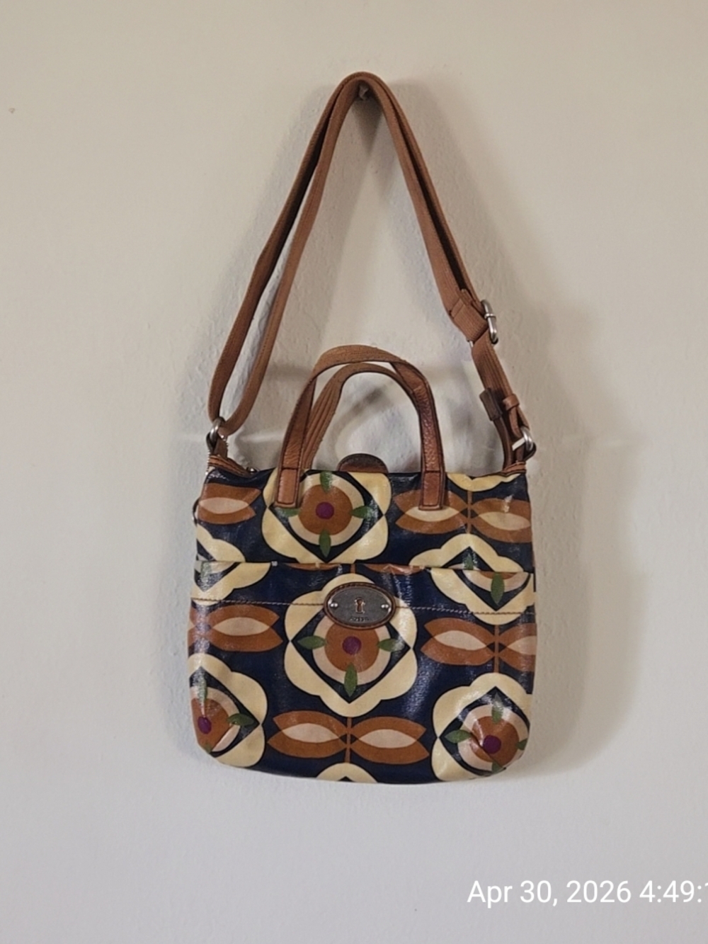 Patterned Leather Crossbody Tote in Navy and Tan